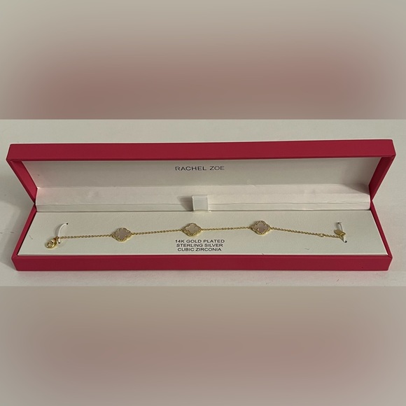 Rachel Zoe 14K Gold Plated Bracelet 4 Leaf Mother Of Pearl Cubic Zirconia  New - Picture 15 of 16